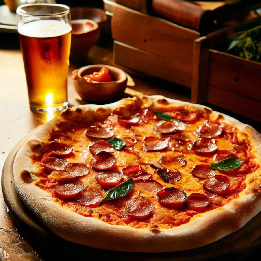 Delicious pizza with beer.