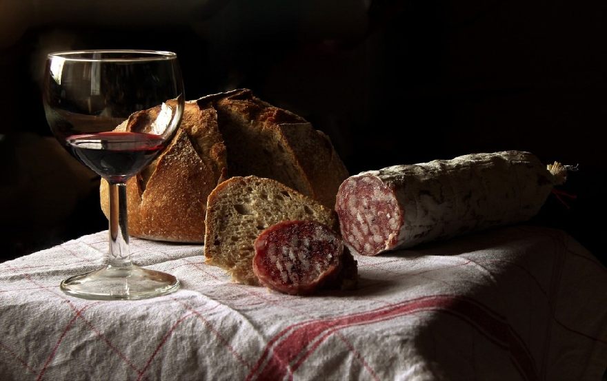 Wine and bread and sausage.
