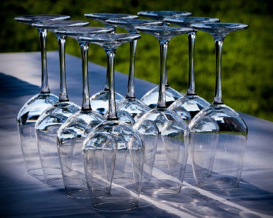 Wine glasses on a table.